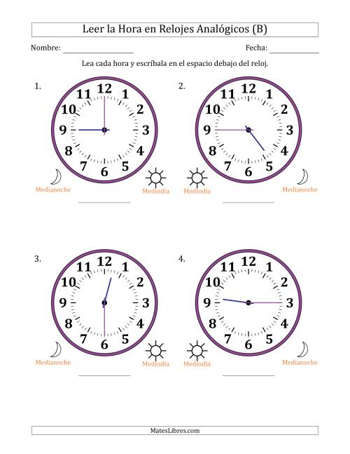 La hoja de ejercicios de Leer la Hora en Relojes Analógicos de 12 Horas en Intervalos de 15 Minuto (4 Relojes Grandes) (B)