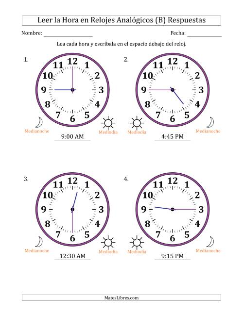 La hoja de ejercicios de Leer la Hora en Relojes Analógicos de 12 Horas en Intervalos de 15 Minuto (4 Relojes Grandes) (B) Página 2