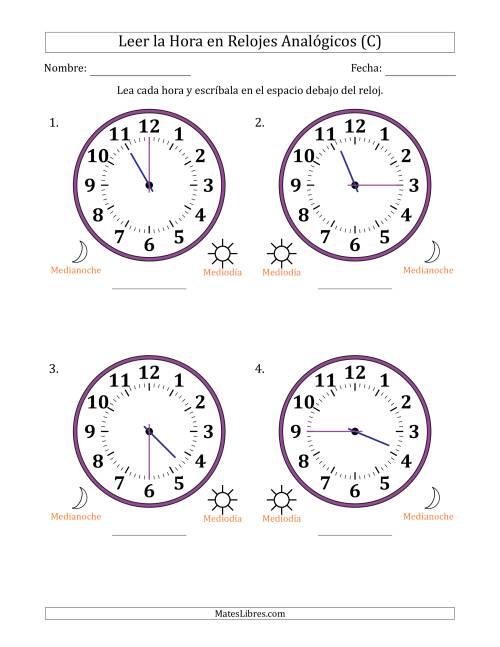 La hoja de ejercicios de Leer la Hora en Relojes Analógicos de 12 Horas en Intervalos de 15 Minuto (4 Relojes Grandes) (C)