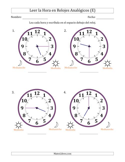 La hoja de ejercicios de Leer la Hora en Relojes Analógicos de 12 Horas en Intervalos de 15 Minuto (4 Relojes Grandes) (E)