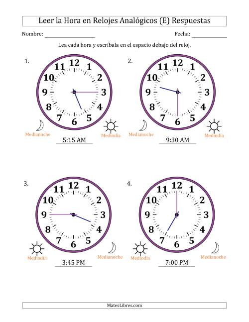 La hoja de ejercicios de Leer la Hora en Relojes Analógicos de 12 Horas en Intervalos de 15 Minuto (4 Relojes Grandes) (E) Página 2