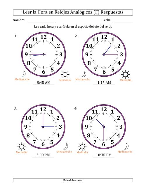 La hoja de ejercicios de Leer la Hora en Relojes Analógicos de 12 Horas en Intervalos de 15 Minuto (4 Relojes Grandes) (F) Página 2