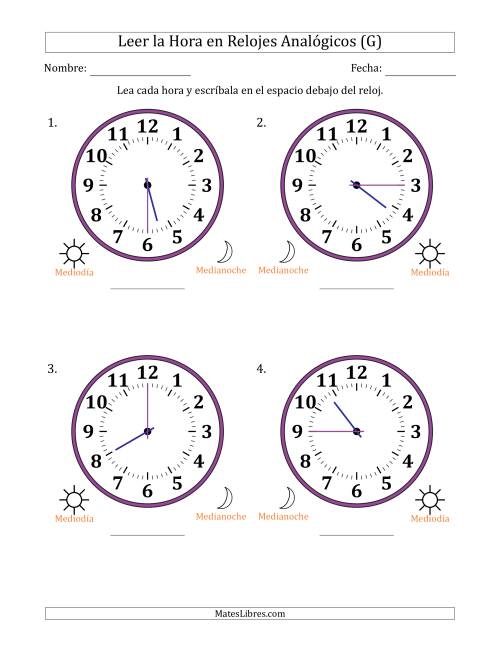 La hoja de ejercicios de Leer la Hora en Relojes Analógicos de 12 Horas en Intervalos de 15 Minuto (4 Relojes Grandes) (G)