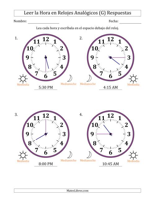 La hoja de ejercicios de Leer la Hora en Relojes Analógicos de 12 Horas en Intervalos de 15 Minuto (4 Relojes Grandes) (G) Página 2
