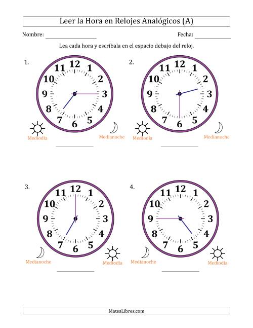 La hoja de ejercicios de Leer la Hora en Relojes Analógicos de 12 Horas en Intervalos de 15 Minuto (4 Relojes Grandes) (Todas)