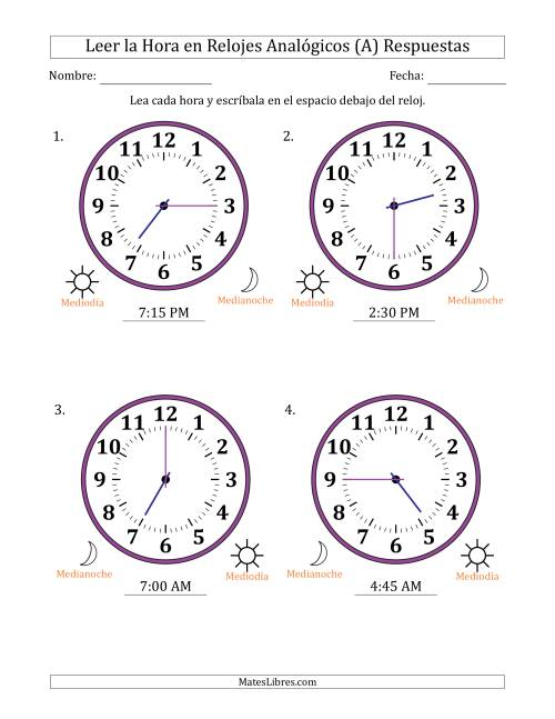 La hoja de ejercicios de Leer la Hora en Relojes Analógicos de 12 Horas en Intervalos de 15 Minuto (4 Relojes Grandes) (Todas) Página 2
