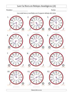 Leer la Hora en Relojes Analógicos de 24 Horas en Intervalos de 15 Segundo (12 Relojes)