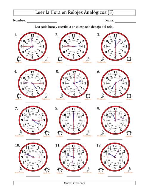La hoja de ejercicios de Leer la Hora en Relojes Analógicos de 24 Horas en Intervalos de 15 Segundo (12 Relojes) (F)