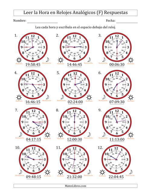 La hoja de ejercicios de Leer la Hora en Relojes Analógicos de 24 Horas en Intervalos de 15 Segundo (12 Relojes) (F) Página 2