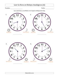 Leer la Hora en Relojes Analógicos de 12 Horas en Intervalos de 30 Minuto (4 Relojes Grandes)