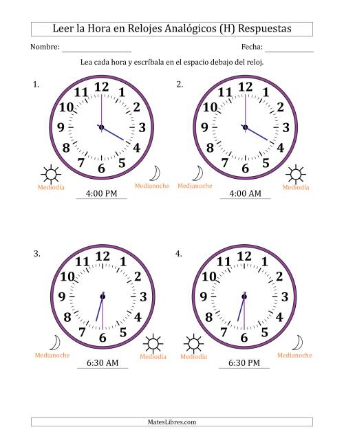 La hoja de ejercicios de Leer la Hora en Relojes Analógicos de 12 Horas en Intervalos de 30 Minuto (4 Relojes Grandes) (H) Página 2