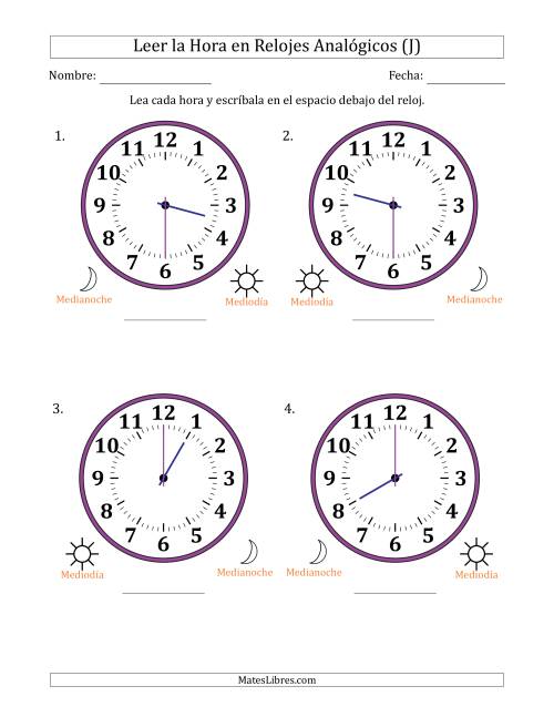 La hoja de ejercicios de Leer la Hora en Relojes Analógicos de 12 Horas en Intervalos de 30 Minuto (4 Relojes Grandes) (J)