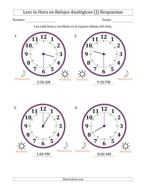 La hoja de ejercicios de Leer la Hora en Relojes Analógicos de 12 Horas en Intervalos de 30 Minuto (4 Relojes Grandes) (J) Página 2