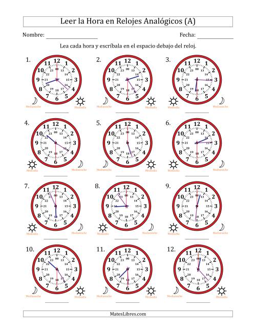 La hoja de ejercicios de Leer la Hora en Relojes Analógicos de 24 Horas en Intervalos de 30 Segundo (12 Relojes) (A)