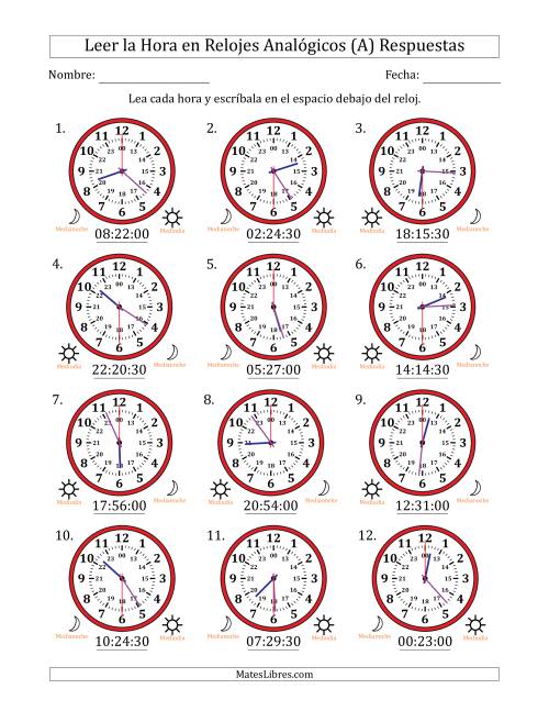 La hoja de ejercicios de Leer la Hora en Relojes Analógicos de 24 Horas en Intervalos de 30 Segundo (12 Relojes) (A) Página 2