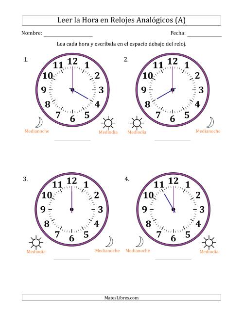 La hoja de ejercicios de Leer la Hora en Relojes Analógicos de 12 Horas en Intervalos de 1 Hora (4 Relojes Grandes) (A)