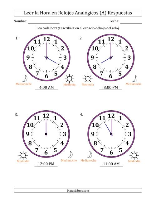 La hoja de ejercicios de Leer la Hora en Relojes Analógicos de 12 Horas en Intervalos de 1 Hora (4 Relojes Grandes) (A) Página 2