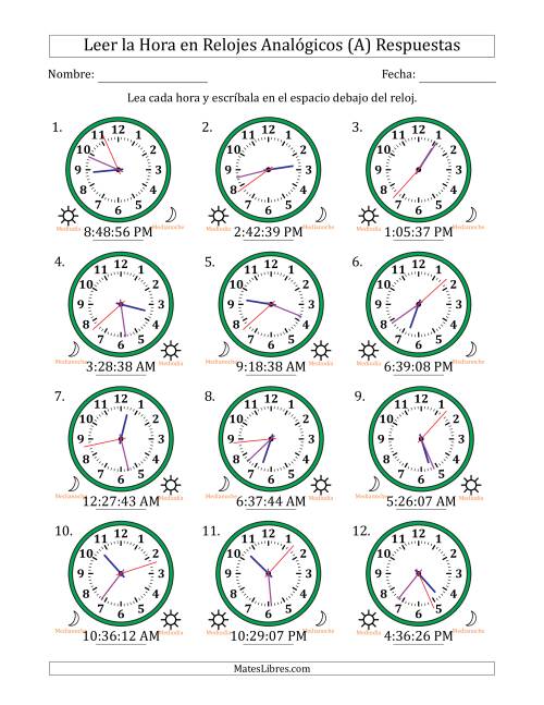 La hoja de ejercicios de Leer la Hora en Relojes Analógicos de 12 Horas en Intervalos de 1 Segundo (12 Relojes) (A) Página 2