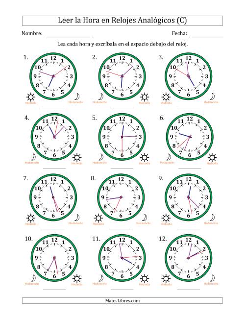 La hoja de ejercicios de Leer la Hora en Relojes Analógicos de 12 Horas en Intervalos de 1 Segundo (12 Relojes) (C)