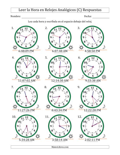 La hoja de ejercicios de Leer la Hora en Relojes Analógicos de 12 Horas en Intervalos de 1 Segundo (12 Relojes) (C) Página 2