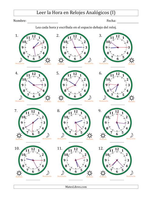 La hoja de ejercicios de Leer la Hora en Relojes Analógicos de 12 Horas en Intervalos de 1 Segundo (12 Relojes) (I)