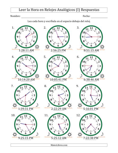 La hoja de ejercicios de Leer la Hora en Relojes Analógicos de 12 Horas en Intervalos de 1 Segundo (12 Relojes) (I) Página 2