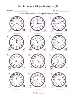 Leer la Hora en Relojes Analógicos de 12 Horas en Intervalos de 5 Minuto (12 Relojes)