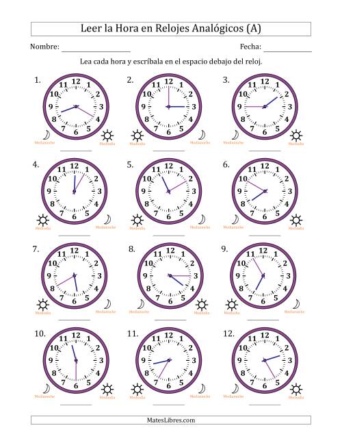 La hoja de ejercicios de Leer la Hora en Relojes Analógicos de 12 Horas en Intervalos de 5 Minuto (12 Relojes) (A)