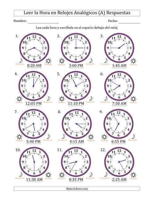 La hoja de ejercicios de Leer la Hora en Relojes Analógicos de 12 Horas en Intervalos de 5 Minuto (12 Relojes) (A) Página 2