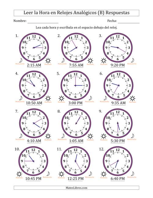 La hoja de ejercicios de Leer la Hora en Relojes Analógicos de 12 Horas en Intervalos de 5 Minuto (12 Relojes) (B) Página 2
