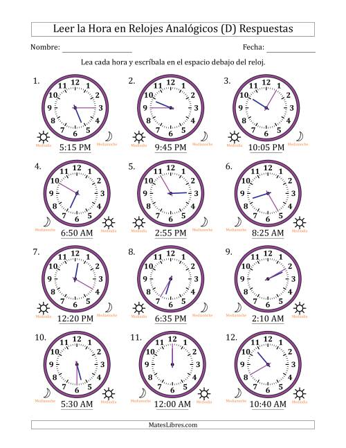 La hoja de ejercicios de Leer la Hora en Relojes Analógicos de 12 Horas en Intervalos de 5 Minuto (12 Relojes) (D) Página 2