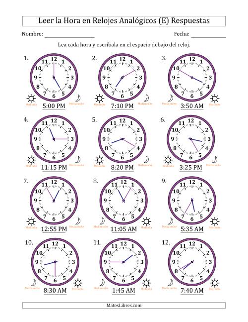 La hoja de ejercicios de Leer la Hora en Relojes Analógicos de 12 Horas en Intervalos de 5 Minuto (12 Relojes) (E) Página 2