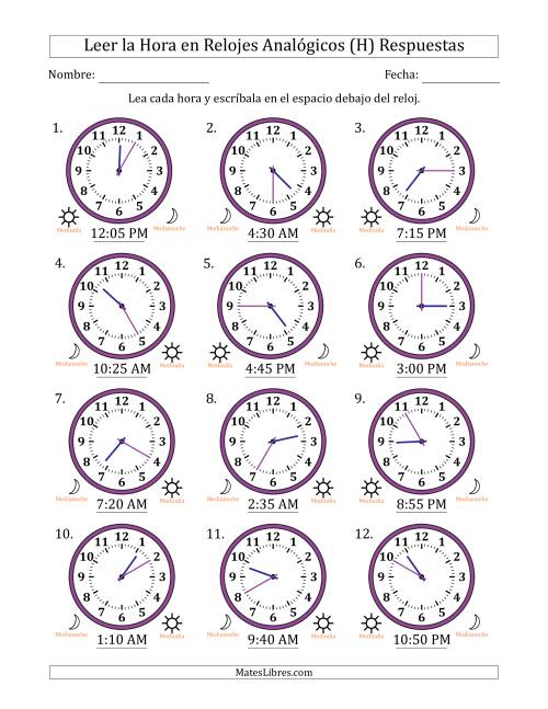 La hoja de ejercicios de Leer la Hora en Relojes Analógicos de 12 Horas en Intervalos de 5 Minuto (12 Relojes) (H) Página 2