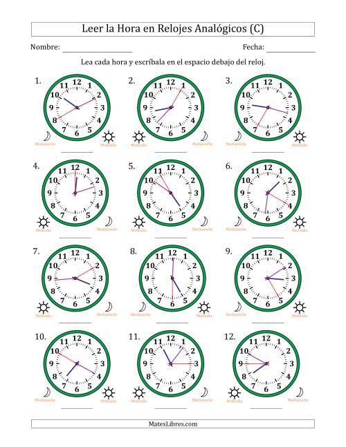 La hoja de ejercicios de Leer la Hora en Relojes Analógicos de 12 Horas en Intervalos de 5 Segundo (12 Relojes) (C)