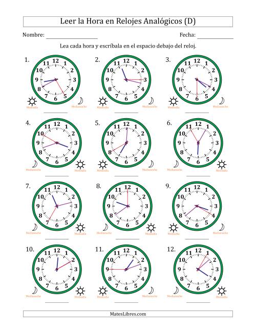 La hoja de ejercicios de Leer la Hora en Relojes Analógicos de 12 Horas en Intervalos de 5 Segundo (12 Relojes) (D)