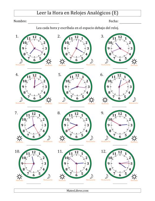 La hoja de ejercicios de Leer la Hora en Relojes Analógicos de 12 Horas en Intervalos de 5 Segundo (12 Relojes) (E)