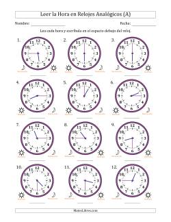 Leer la Hora en Relojes Analógicos de 12 Horas en Intervalos de 15 Minuto (12 Relojes)