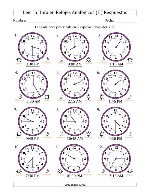 La hoja de ejercicios de Leer la Hora en Relojes Analógicos de 12 Horas en Intervalos de 15 Minuto (12 Relojes) (H) Página 2