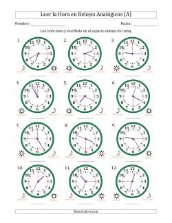 Leer la Hora en Relojes Analógicos de 12 Horas en Intervalos de 15 Segundo (12 Relojes)