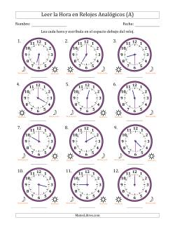 Leer la Hora en Relojes Analógicos de 12 Horas en Intervalos de 30 Minuto (12 Relojes)