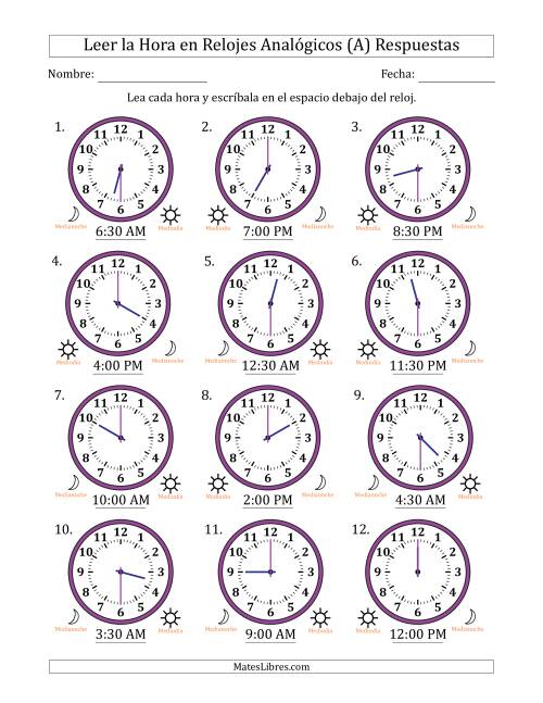 La hoja de ejercicios de Leer la Hora en Relojes Analógicos de 12 Horas en Intervalos de 30 Minuto (12 Relojes) (A) Página 2