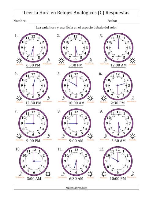 La hoja de ejercicios de Leer la Hora en Relojes Analógicos de 12 Horas en Intervalos de 30 Minuto (12 Relojes) (C) Página 2