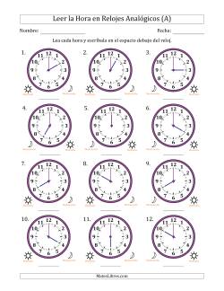 Leer la Hora en Relojes Analógicos de 12 Horas en Intervalos de 1 Hora (12 Relojes)