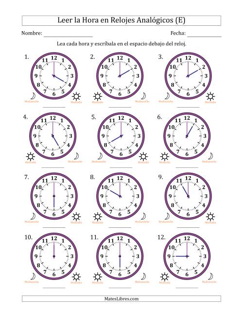 La hoja de ejercicios de Leer la Hora en Relojes Analógicos de 12 Horas en Intervalos de 1 Hora (12 Relojes) (E)