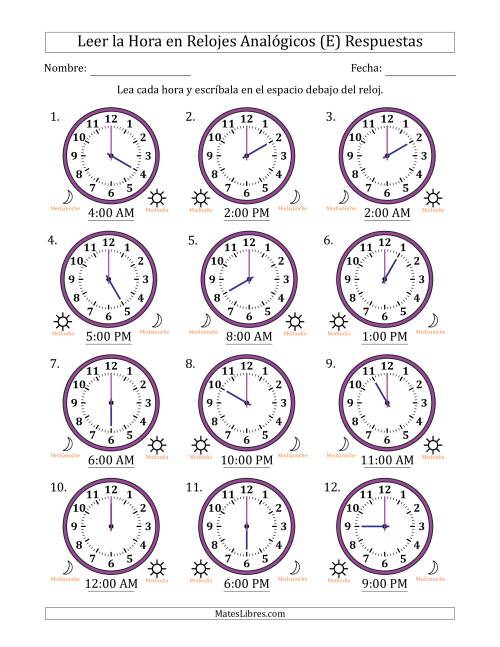 La hoja de ejercicios de Leer la Hora en Relojes Analógicos de 12 Horas en Intervalos de 1 Hora (12 Relojes) (E) Página 2