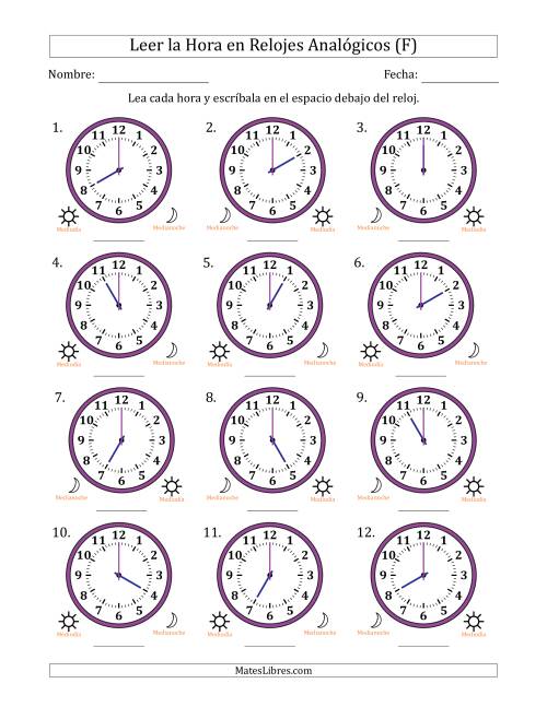 La hoja de ejercicios de Leer la Hora en Relojes Analógicos de 12 Horas en Intervalos de 1 Hora (12 Relojes) (F)