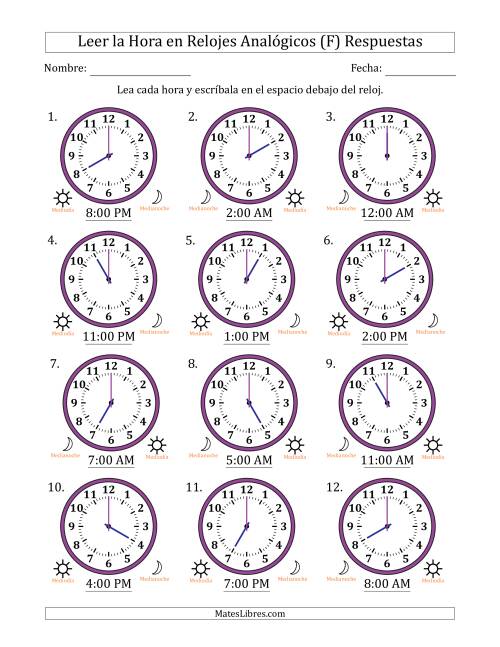 La hoja de ejercicios de Leer la Hora en Relojes Analógicos de 12 Horas en Intervalos de 1 Hora (12 Relojes) (F) Página 2