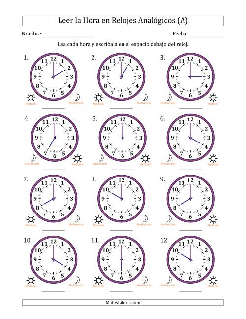 La hoja de ejercicios de Leer la Hora en Relojes Analógicos de 12 Horas en Intervalos de 1 Hora (12 Relojes) (Todas)