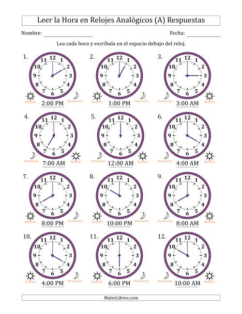 La hoja de ejercicios de Leer la Hora en Relojes Analógicos de 12 Horas en Intervalos de 1 Hora (12 Relojes) (Todas) Página 2