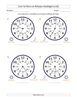 Leer la Hora en Relojes Analógicos de 24 Horas en Intervalos de 1 Minuto (4 Relojes Grandes)